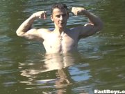 Handjob and outdoor flexing