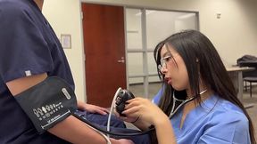 Petite asian nurse pounds on patient's hard dick