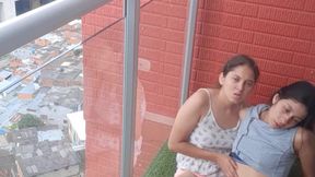 passionate kisses and touching my girlfriend's pussy on the balcony