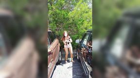 Blonde babe swaps out her shoes in the parking lot, gets caught in the act.