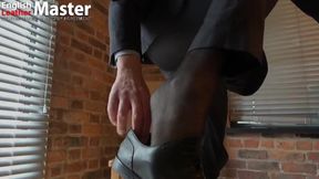 Sheer stockings squeezing gay boss feet in formal shoes