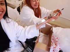 A redhead fucks a brunette in sexy lesbian porn