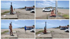 Showering in public, in the bathroom in front of the beach, while I masturbate with the dildo, many men pass by and see me masturbating, how horny I am