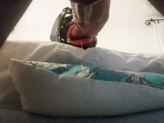 My wife is hogtied on the daybed with an open gag on her throat. I drilled her mouth and cummed on her