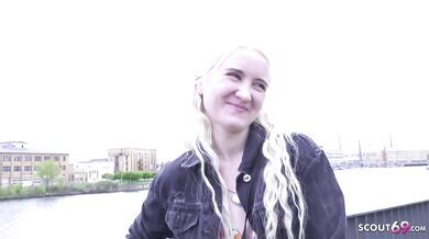 German scout skinny blonde teen Daruma Rai gets face fucked raw in Berlin