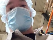 being naughty at work, showing dick under apron