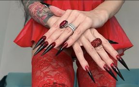 Hot Black Color Long Nails, Sharp Claws, Red Lingerie, Stockings and Tearing My Black Stockings with My Nails