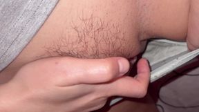 Mature MILF rubs her hairy pussy and moans loudly as she cums from