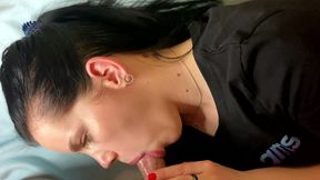 Anna gives a blowjob and gets a lot of cum in her mouth and on her face