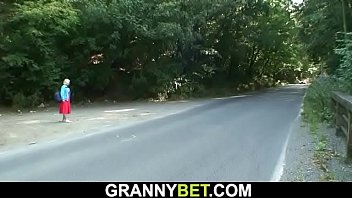 Hitchhiking blonde granny rides his young cock