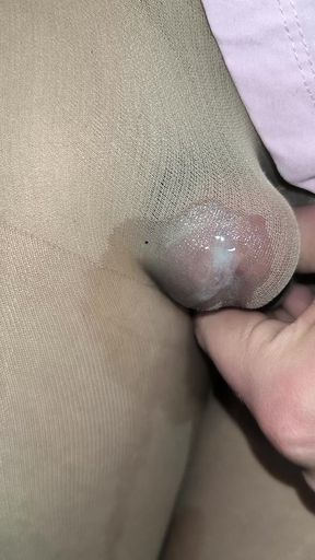 Sweet Cumshot In Someone&#039;s Nude Shiny Sheer Pantyhose and Someone&#039;s Sexy Pink Panties under the Pink Skirt