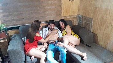 Horny stepsisters invite their neighbor to watch a movie and end up fucking him