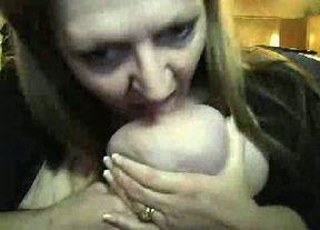 Horny BBW webcam mommy strokes and sucks her huge saggy boobs