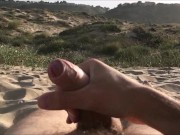 Masturbating on nudist beach. Slowmotion cumshot