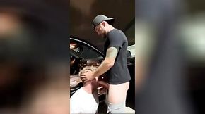 Swallowing and getting barebacked by monster dick in parking garage