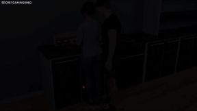 Perverted guy can't stop kissing and touching busty MILF's ass and boobs while she cooks