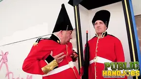 Hot girls give handjobs to lucky soldiers in a comedic guard room scene