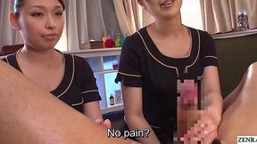 Asian MILFs give double CFNM massage handjob with subtitles