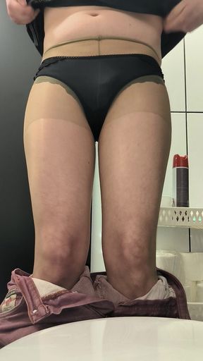 Striptease in Shiny Pantyhose at Work