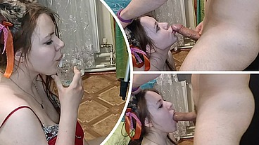 She sucked and took the cum on her face