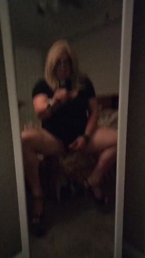 CD Krissy Sweets in high heels stroking her she cock