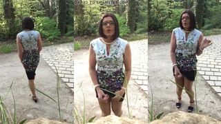 Solo crossdresser in a summer sundress has a fem-gasm in the woods