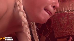 Tattooed teen moans and masturbates before getting fucked deep by a a dude on the couch