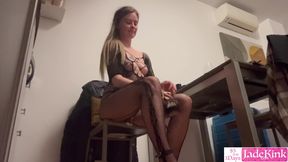 Submissive slut in sexy bodysuit stockings giving best blowjob