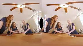 Blonde bombshells share a lucky cock in VR massage session