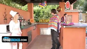 Step sis sucked my cock before our blindfolded stepdad caught us