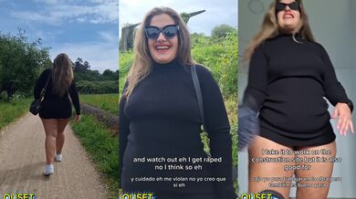 Ouset rolls through woods, bare hips gleaming in dress