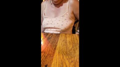 Trashy sub slut presents her panties to her Master and flashes in a busy restaurant