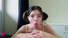 insatiable hot babe with glasses loves to suck cock and handjob to full throat with hot fresh cum