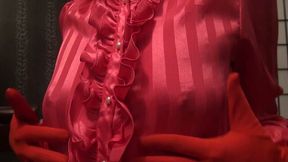 Breast Play in Beautiful Coral Colored Satin Striped Ruffle Blouse