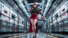 Inside the Sci-fi Train, She Wears a Tight Green Armor, Touching Her Red Lips While Gazing at the Galaxy Through the Porthole.