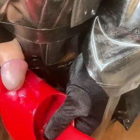 Red Mules Cum and Plastic Fetish Outfit