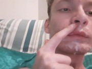 Extremely horny teen gives him self a juicy facial just before bed time