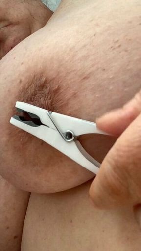 Clothes peg on my big natural soft heavy saggy tit&rsquo;s nipple