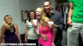 Slutty blonde college girl starts dorm room orgy
