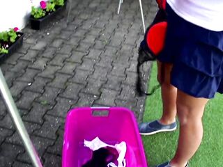 Outdoor bang with tattooed brunette hair