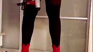 Sissy femboy cd tv Female Domination Ladyboy Getting Off High High-Heeled Slippers Crimson sundress gigantic udders ample butt