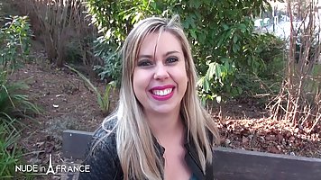 Slutty, French blonde with red lips is about to have casual sex with a handsome stranger