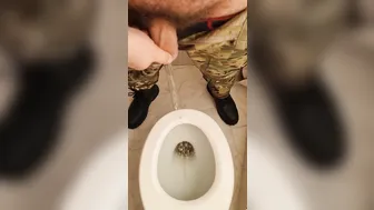 Hairy military man pisses and smokes in solo jerk off