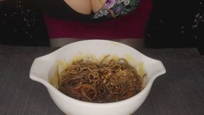 Busty Girl Eating Soba Noodles Mukbang