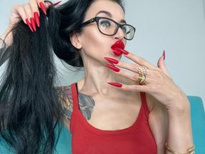 RED matte color Long nails, claws, long flexible fingers wide palms, skin scratching, red lipstick