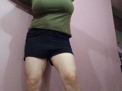 Busty curly brunette with big boobs fucks on couch