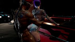 Cyberpunk slut with big breasts gets ass pounded in public
