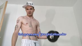 Working lean muscles and showing uncut dick