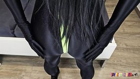 SpandexQueen passionately fucks her black suit, jerks his manhood with desire