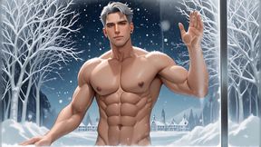 Mature Silver Fox Model Standing Nude in Glass House Winter Wonderland